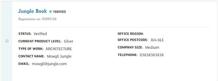 Image of a company profile for "Jungle Book," showing verified status, contact details, and company information related to architecture.