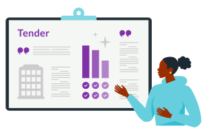 an illustration of a detailed filled out public sector tender bid being shown off by a woman on the right hand side
