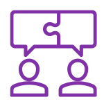 An icon of 2 outlined figures conversing, with speech bubbles shaped like puzzle pieces, symbolising effective communication and collaboration.