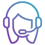 Icon of a headset-wearing female figure, representing customer support or call center services. Color: purple.