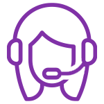 Icon of a headset-wearing female figure, representing customer support or call center services. Color: purple.