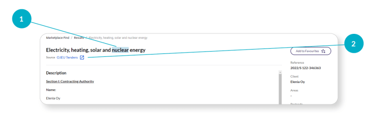 Screenshot of a tender listing for electricity, heating, solar, and nuclear energy, featuring options to add to favourites and view details.