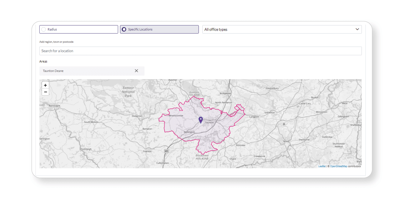 Interactive map showing the Taunton Deane area, highlighted in pink, with search functionality for specific locations.