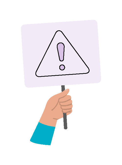 A hand holding a sign with a triangular warning symbol and an exclamation mark, on a light background.