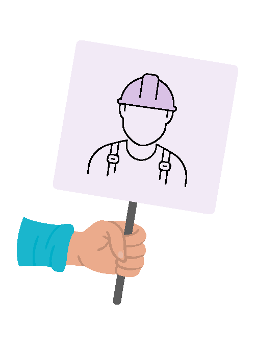 A hand holding a sign depicting an outline of a construction worker wearing a hard hat and overalls.