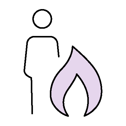 A simple, flame icon in soft lavender color, set against a background next to an outline of a person.