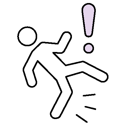 An outline of a person with an exclamation mark above their head as they appear to be slipping or falling