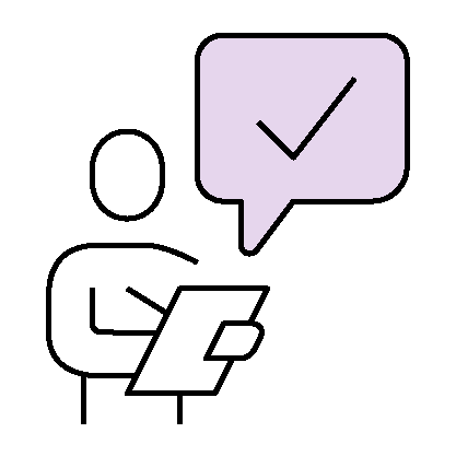 Light purple speech bubble with a black check mark inside, symbolizing affirmation or confirmation.