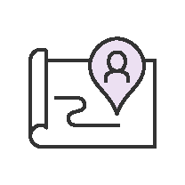 Icon depicting a rolled map with a location pin featuring a user silhouette, symbolizing navigation or location-based services.