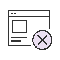 Icon depicting a webpage outline with a purple circle containing a red "X"