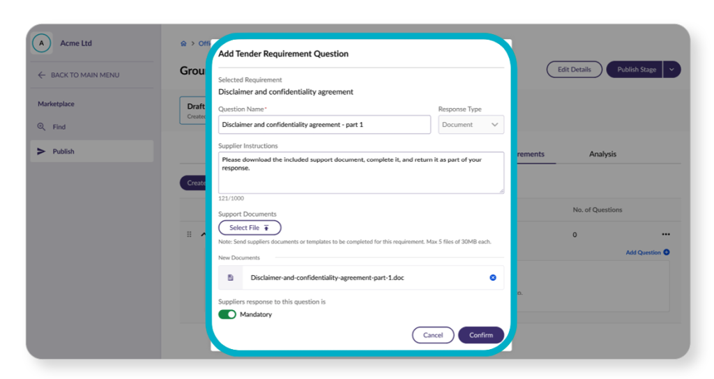 Popup window for adding a tender requirement question, detailing a confidentiality agreement and supporting document upload options.