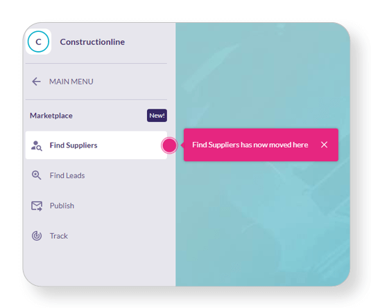 Menu interface of Constructionline highlighting the relocation of "Find Suppliers" within a colourful sidebar.