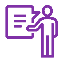 A simplified purple icon of a person gesturing towards a speech bubble with lines, symbolising communication or presentation.