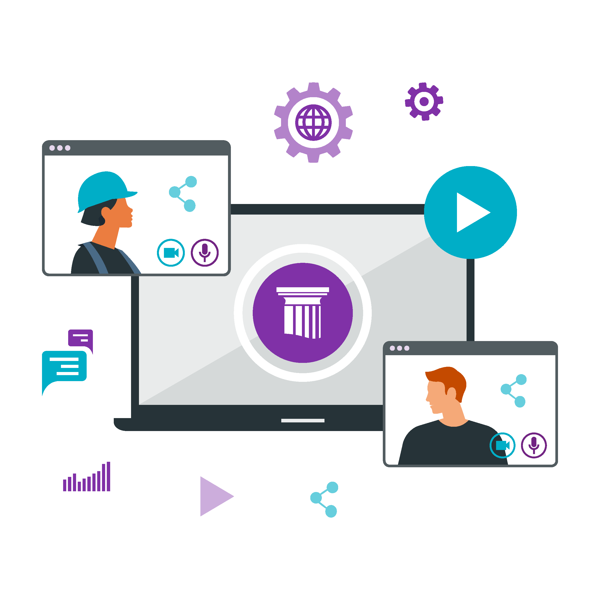 Illustration of a laptop displaying video chats with a construction worker and a man, surrounded by communication icons and gears.