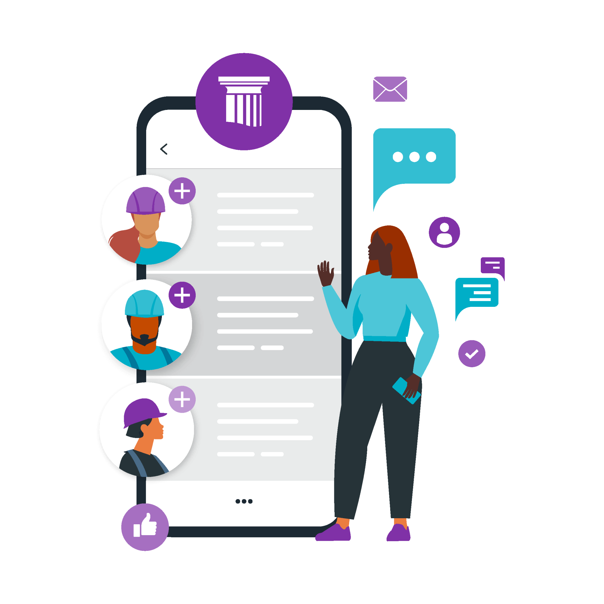 A woman interacts with a smartphone displaying contractor profiles and chat bubbles, highlighting communication and construction themes.