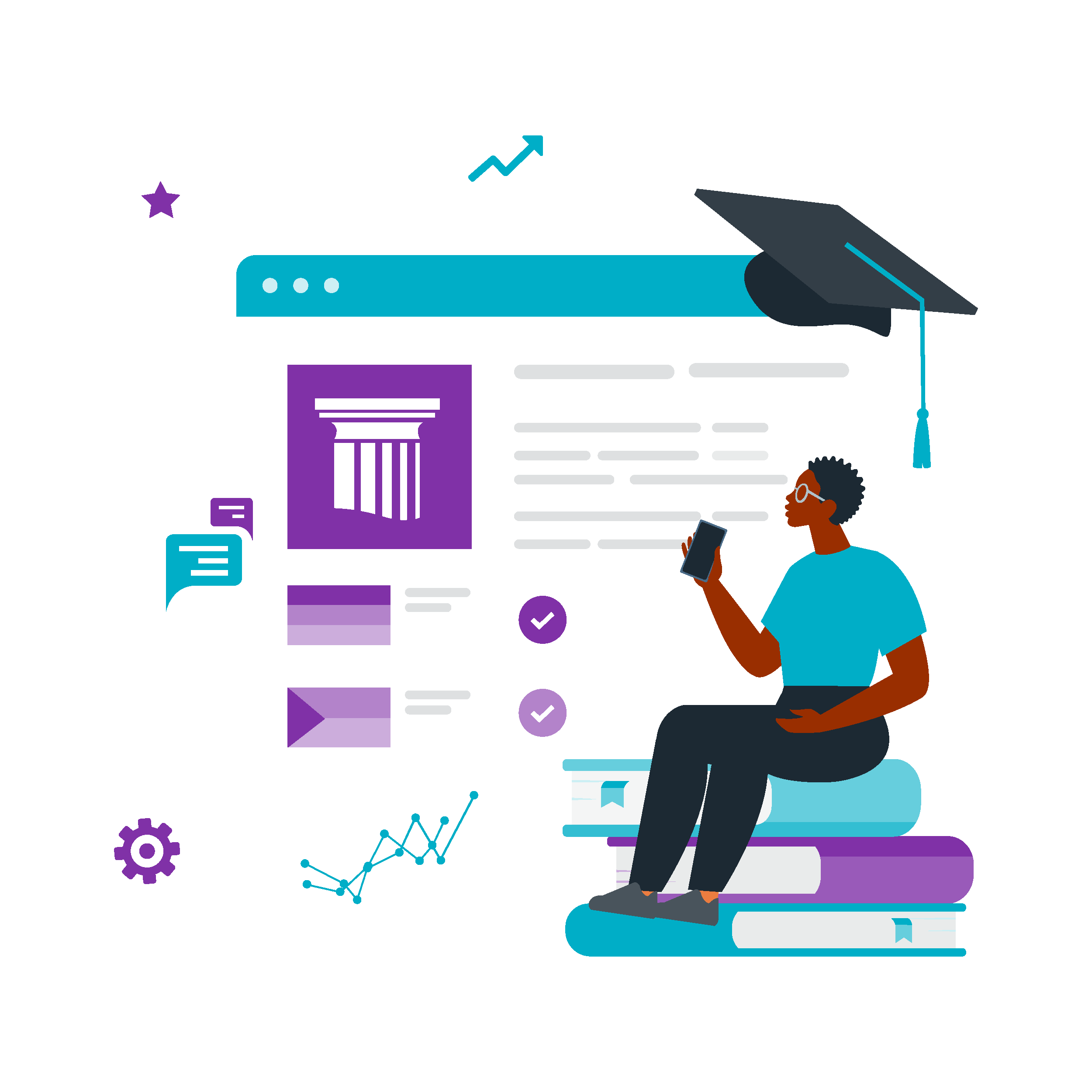 An individual sits on books, holding a smartphone while engaging with online learning content on a computer screen, adorned with educational icons.