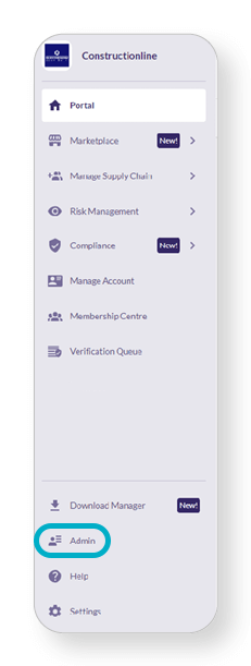 Vertical menu interface for Constructionline, featuring options like Portal, Marketplace, Admin, and Help, highlighted by a blue circle.
