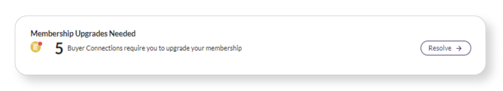 Image shows a notification about needed membership upgrades, stating "5 Buyer Connections require you to upgrade your membership."
