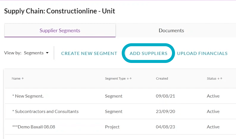 Screenshot of a supply chain management interface showing the "Add Suppliers" button and a list of supplier segments with details.