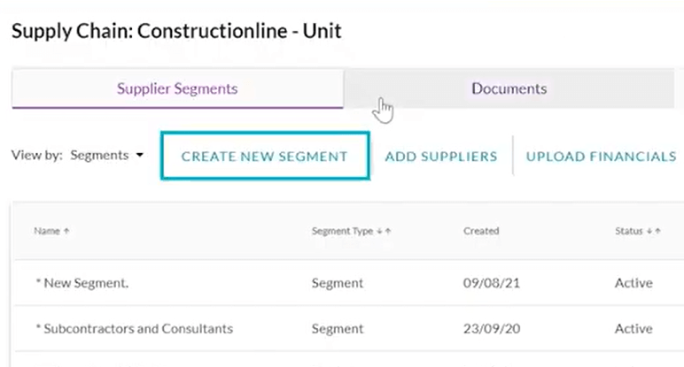 Screenshot of a supply chain management interface showing options to create new segments, add suppliers, and upload financials.