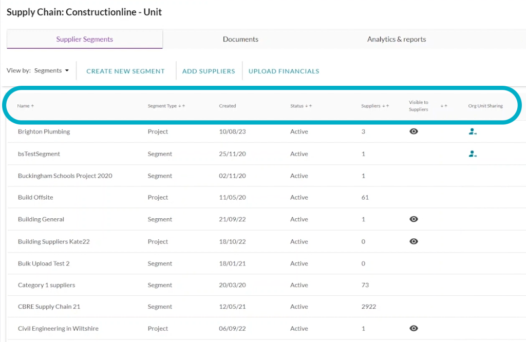 Table displaying supplier segments in a supply chain management system, including names, types, creation dates, and status details.