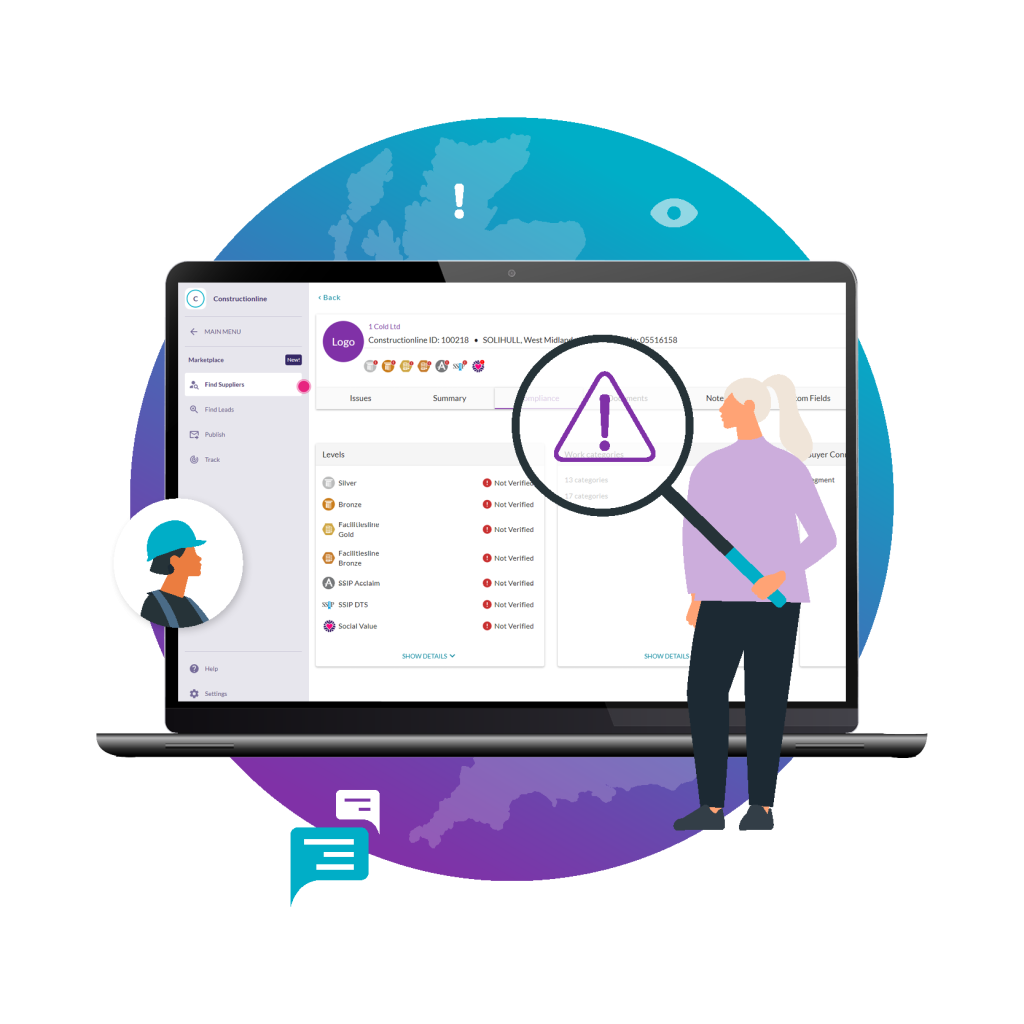 A woman holds a magnifying glass over a laptop displaying a warning symbol and compliance issues in a digital marketplace interface.