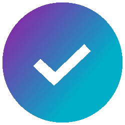 A circular icon with a gradient purple and teal background featuring a bold black checkmark in the centre.