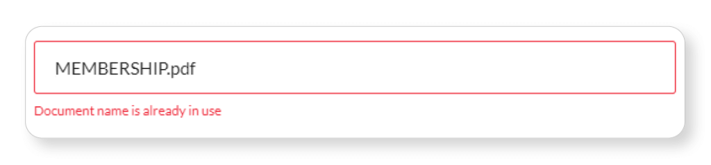Error message indicating "MEMBERSHIP.pdf" is already in use, with a highlighted input field for document naming.