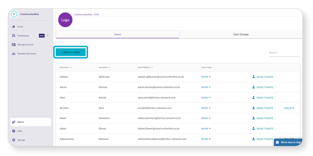 Screenshot of a user management interface for Constructionline showing user details and options to create, deactivate, or delete users.