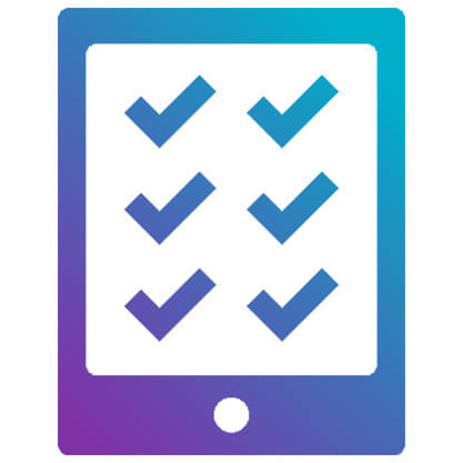 An icon of a tablet with six checkmarks, symbolising task completion or digital checklists, in a gradient of blue and purple.