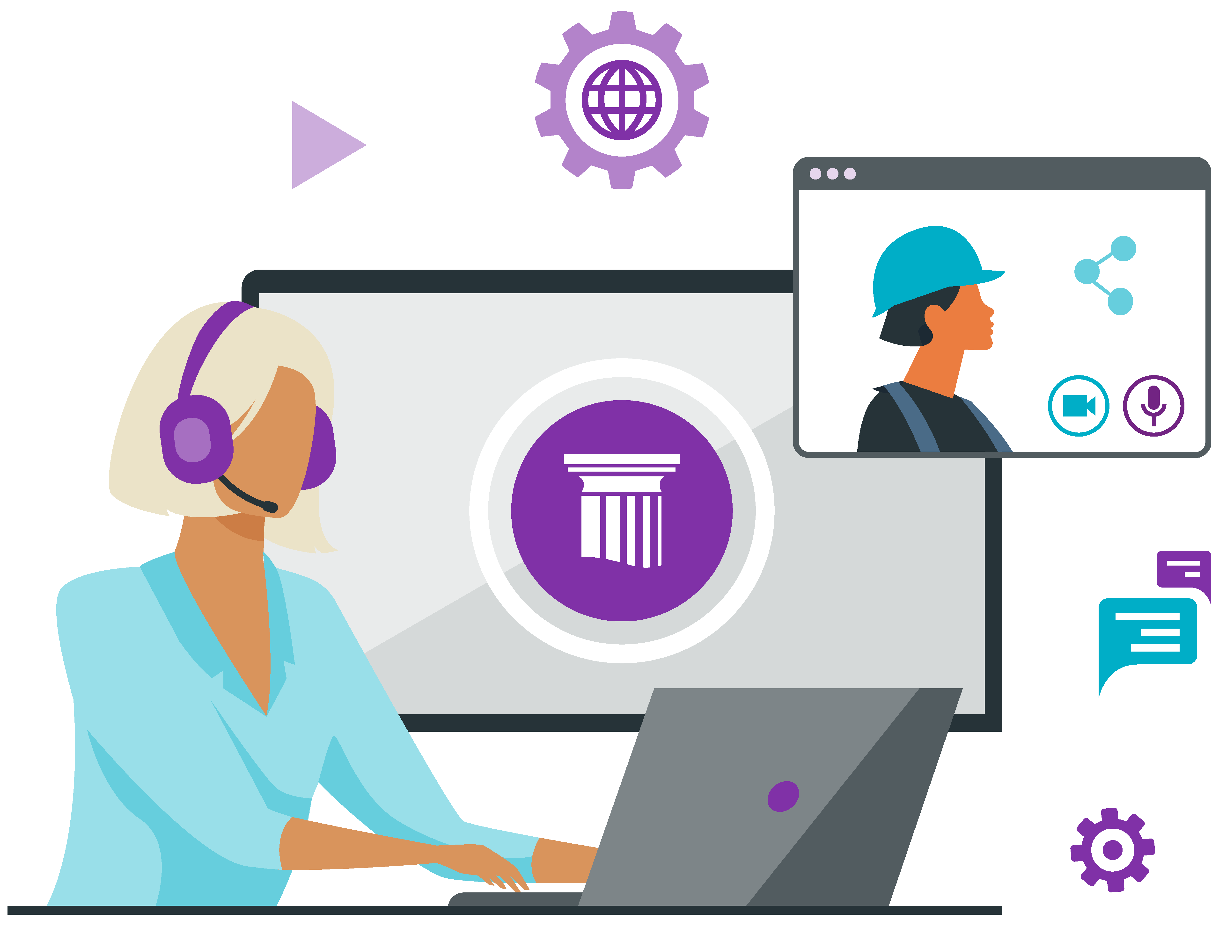 A woman with a headset works on a laptop, interacting with a construction worker via video call, surrounded by communication icons.