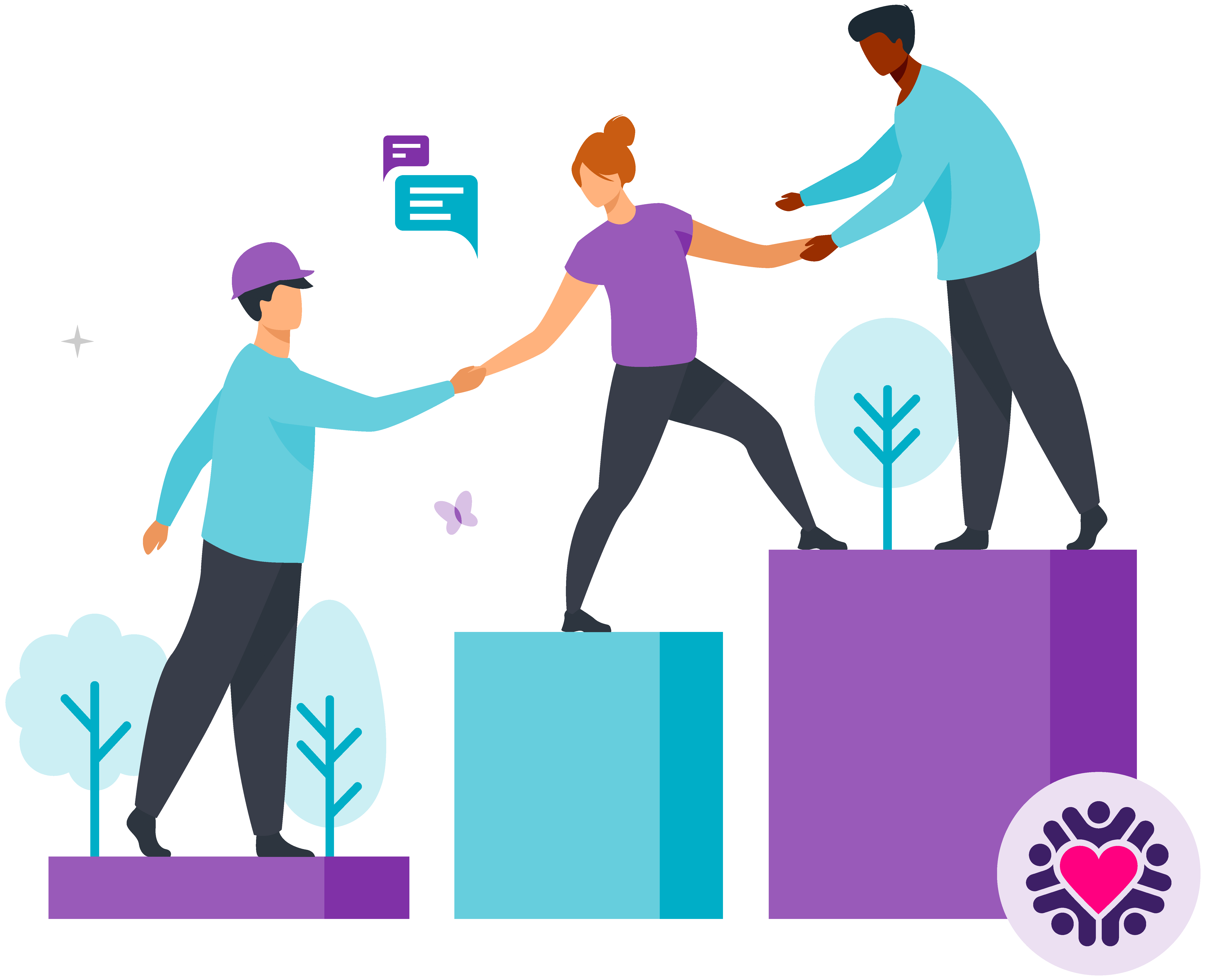 Three people help each other climb colourful blocks, representing support and teamwork, with trees and chat bubbles in a vibrant setting and social value.