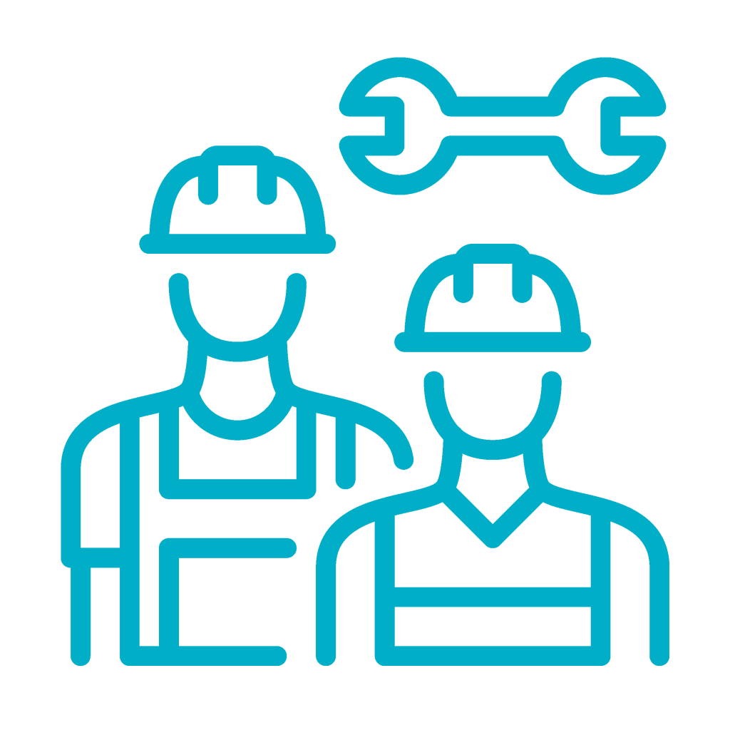 An outline of 2 construction workers in hard hats, one wearing a utility vest, with a wrench icon above them.