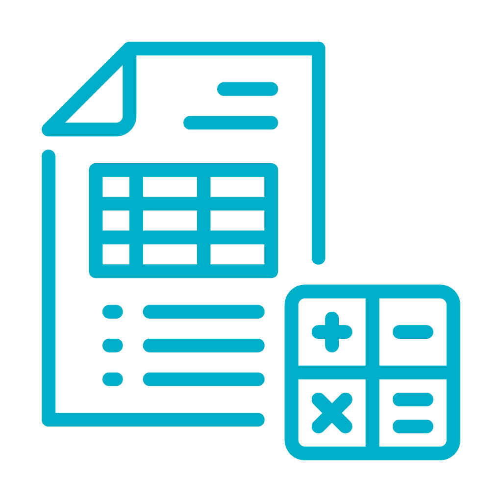 An illustration of a document with a table and a grid, featuring icons for addition and subtraction, in a bright blue outline.