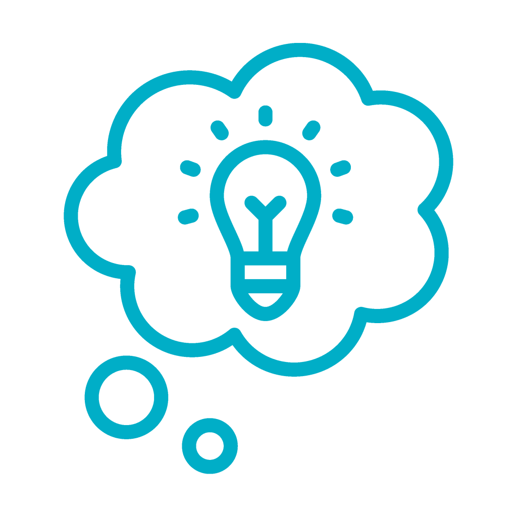 A light bulb inside a thought bubble, symbolising ideas and creativity, accompanied by smaller circles below.