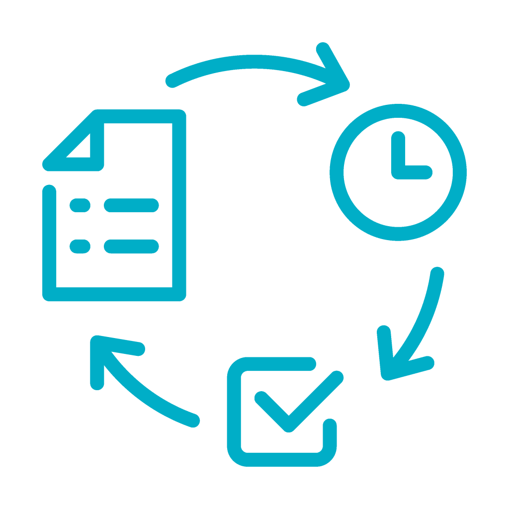 A circular flowchart illustrating a document, a clock, and a checkmark, representing the process of tracking time and tasks.