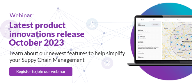 Webinar announcement for October 2023 highlighting new supply chain management features, with a laptop showing a map for visuals.