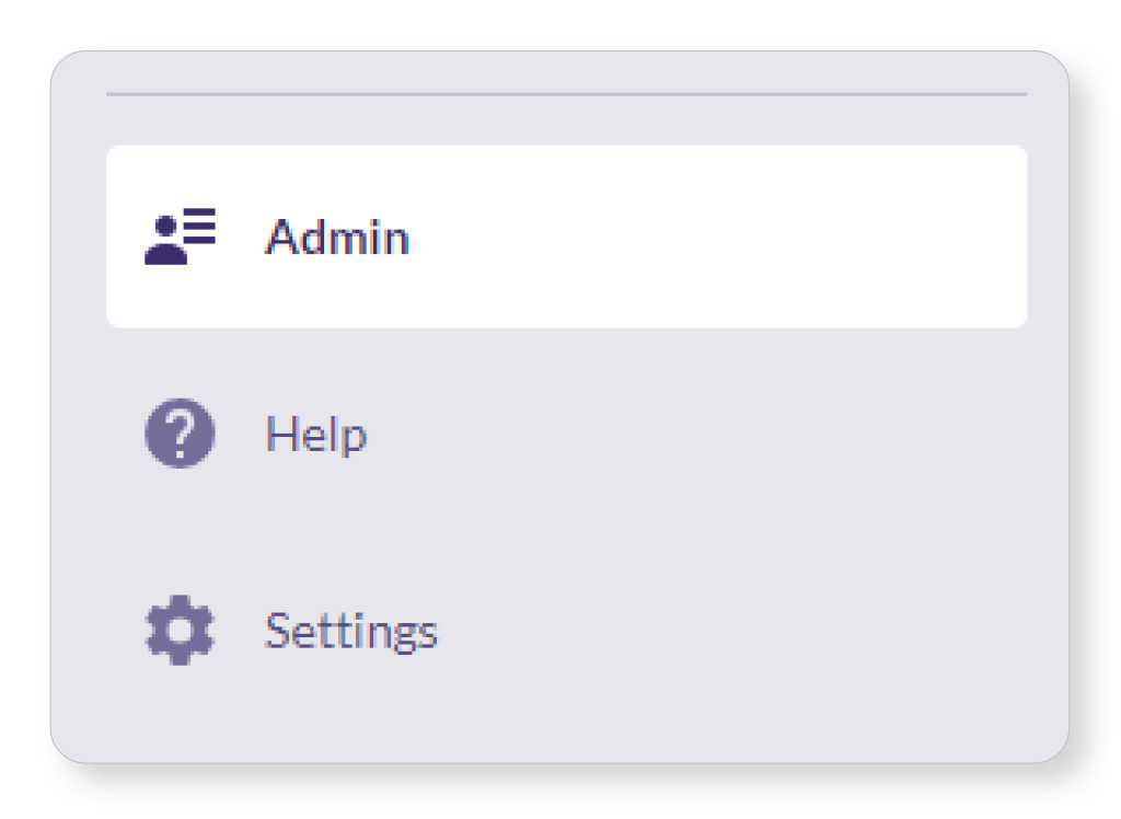Admin panel interface featuring options for Help and Settings, highlighted by icons for user management and assistance.
