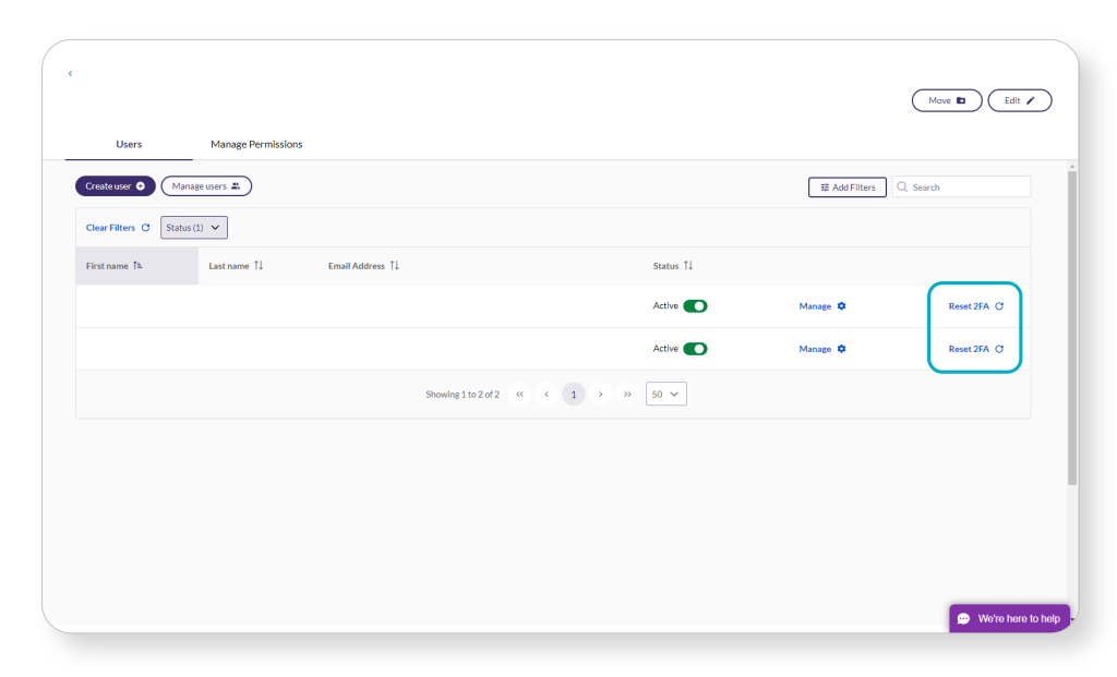 User management interface displaying user details, options to manage, and reset two-factor authentication for active users.