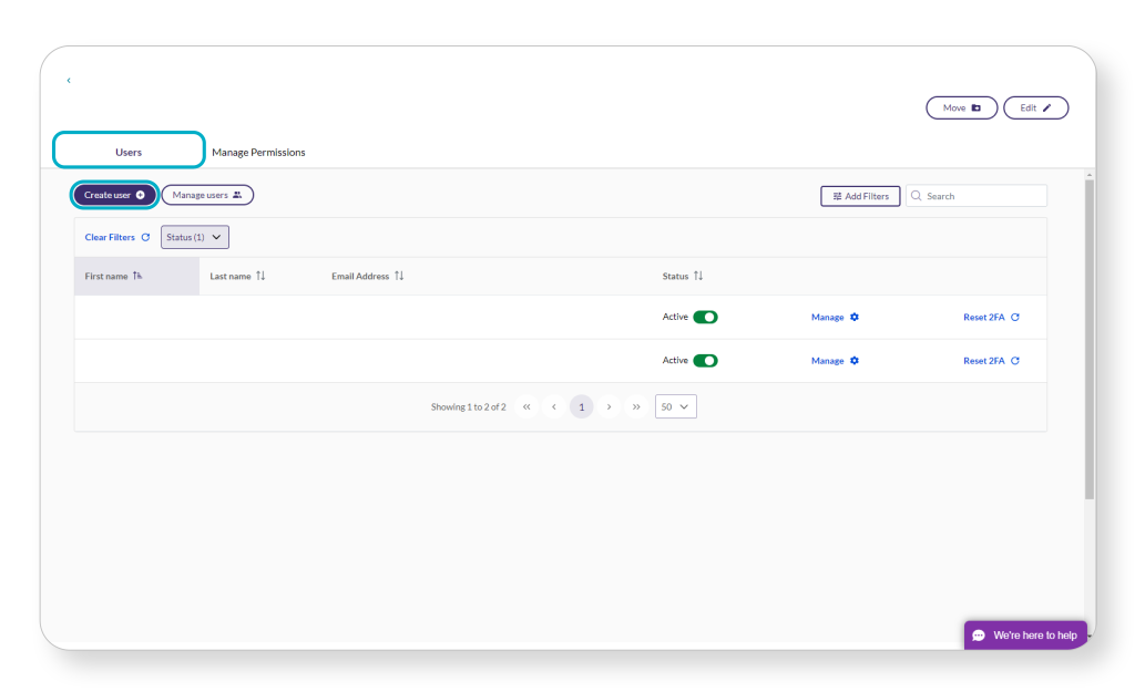 Screenshot of a user management interface displaying options to create users, manage permissions, and filter user status.