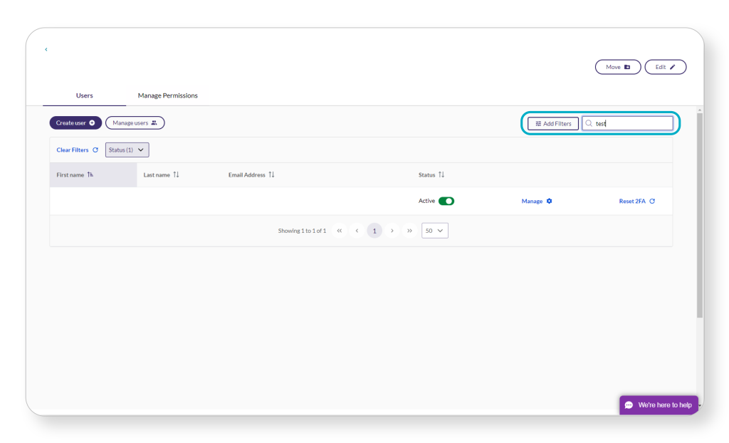 User management interface showing filters for user search, including options for first name, last name, email, and active status.