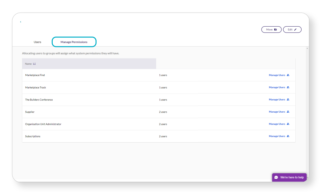 Interface displaying user permission management, listing groups with user counts and options to manage user settings.