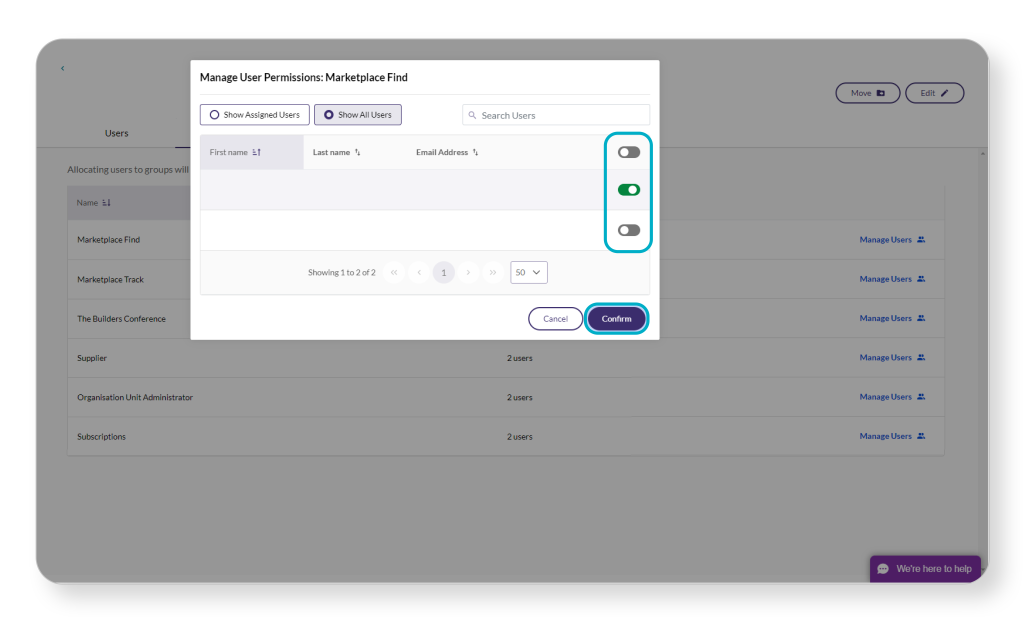 Screenshot of a user permissions management interface displaying various user groups and the number of users in each.