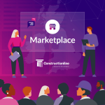 A digital marketplace interface featuring two people engaging. Text highlights "Find" and "Track" among colourful chat bubbles and graphs.