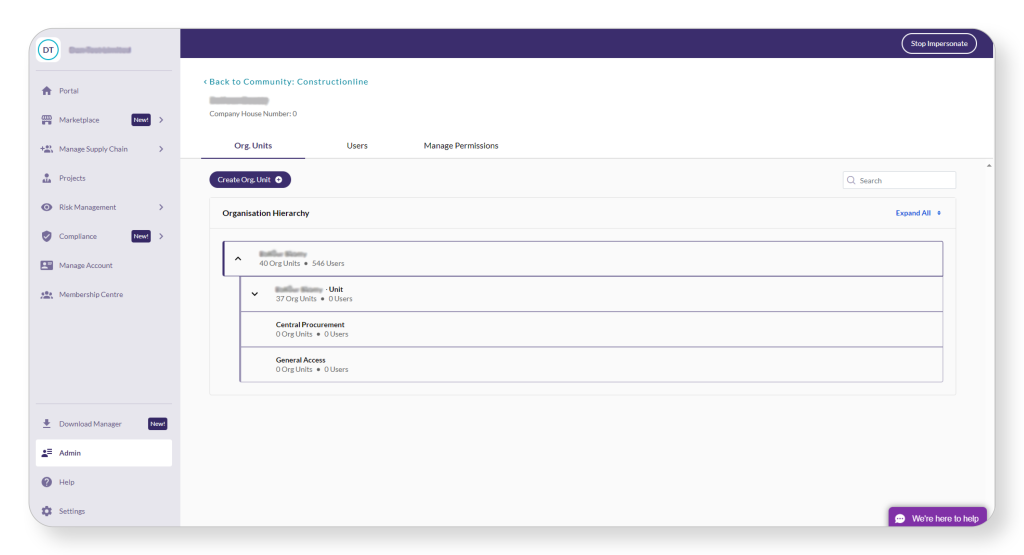 Screenshot of an admin panel displaying organisation hierarchy with options to create org units, manage users, and permissions.