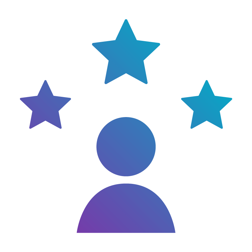 An abstract figure in gradient purple and blue colours with a star above, representing teamwork or leadership.