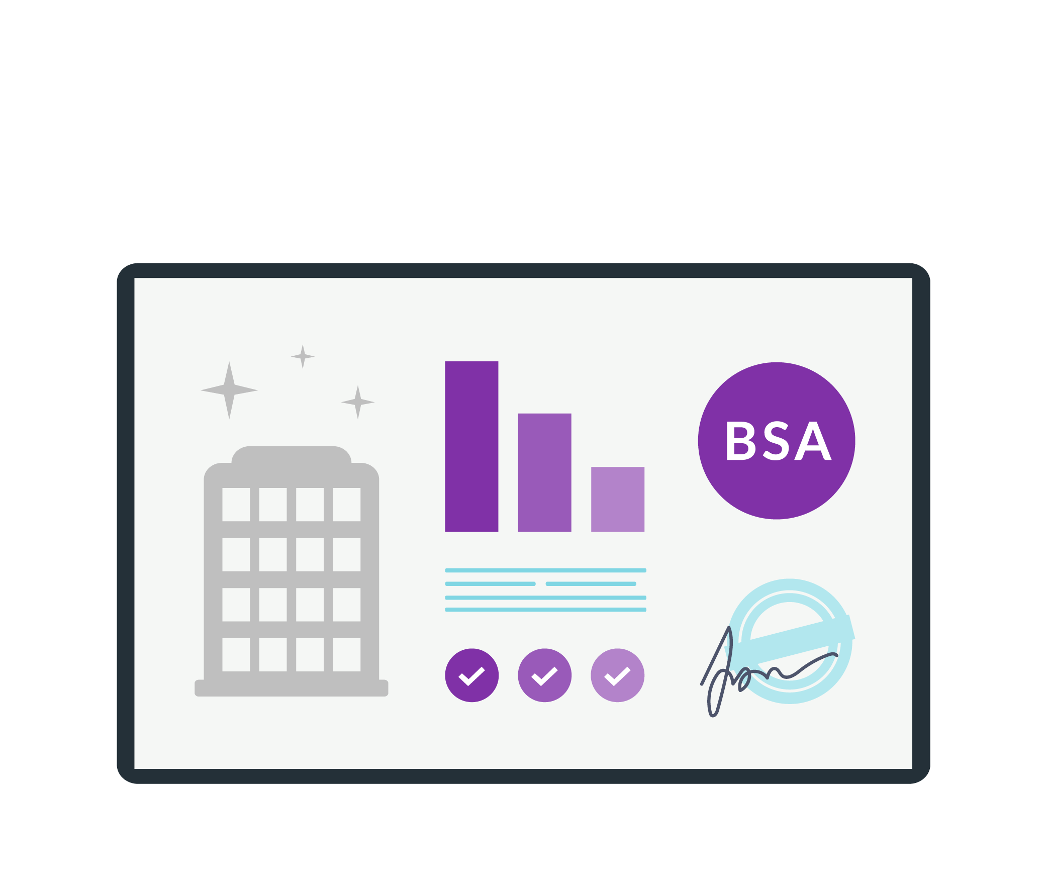 Illustration of a clipboard featuring a skyscraper, bar graphs, and logos, including the BSA and a checkmark symbol.