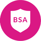 Logo featuring a pink circle with a white shield and the letters "BSA" prominently displayed.
