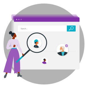 A woman examines user profiles on a search interface using a magnifying glass, indicating a focus on finding specific individuals.