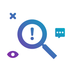 Stylised magnifying glass icon with an exclamation mark in the middle surrounding by a communication bubble a cross representing transparency